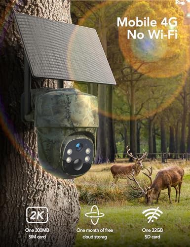Caméra Solaire 4G Extérieure 2K, Vision Nocturne Couleur, 360° PTZ
