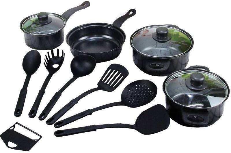 Batterie de Cuisine Antiadhésive 13 Pièces, Acier au Carbone, Noir