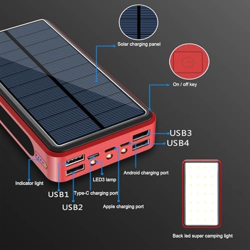 Batterie Externe Solaire 50000mAh, Chargeur Solaire avec 4 Sorties USB, Rouge
