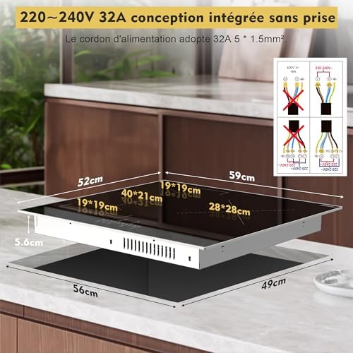 Plaque Induction 3 Feux Flexible 6800W, Verre Noir, Fonction Boost et Sécurité