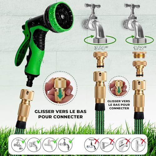 Tuyau d'Arrosage Extensible 15m, 9 Modes, Adaptateurs 1/2'' et 3/4'', Vert