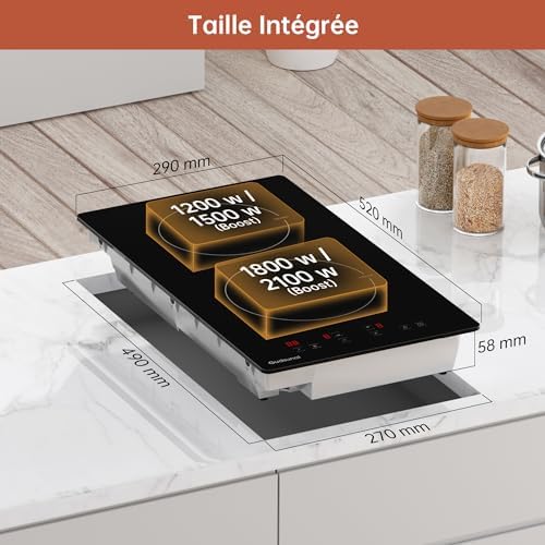 Plaque Induction 2 Feux Encastrable, 3600 W, Noir, 29x52 cm