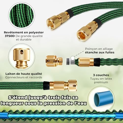 Tuyau d'Arrosage Extensible 15m, 9 Modes, Adaptateurs 1/2'' et 3/4'', Vert