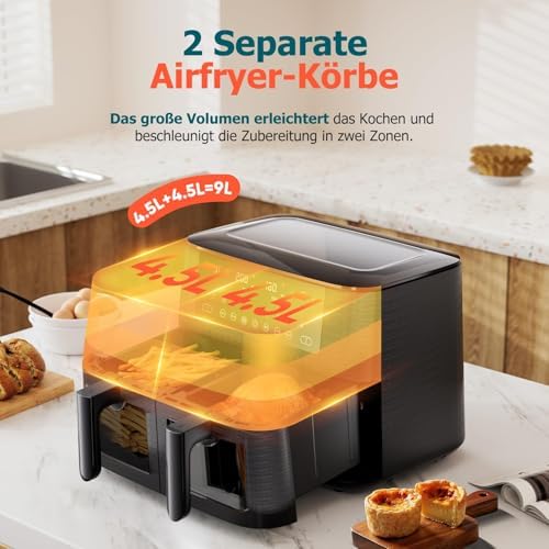 Air fryer grande capacité 9L avec deux paniers et technologie de cuisson avancée