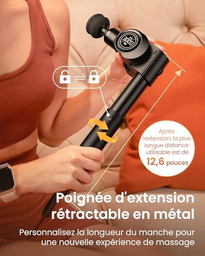 Pistolet de Massage Musculaire avec Poignée Métallique Extensible, 32 Vitesses