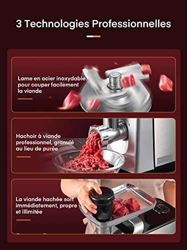 HOUSNAT Hachoir à Viande Électrique, 1500W Max, 3 en 1, Acier Inoxydable, Argent/Noir