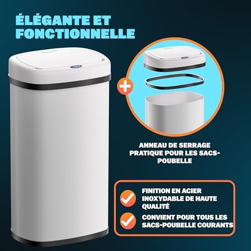 Monzana Poubelle Automatique 50L, Acier Inoxydable, Capteur de Mouvement, Blanc