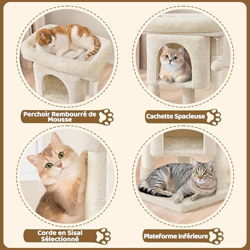 Arbre à Chat Design avec Niche et Plate-Forme, Beige, Hauteur 59cm