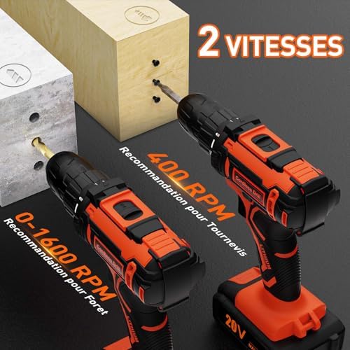 FAHEFANA Perceuse Visseuse Sans Fil 20V, 42Nm, 2 Batteries 2.0Ah, 24 Accessoires