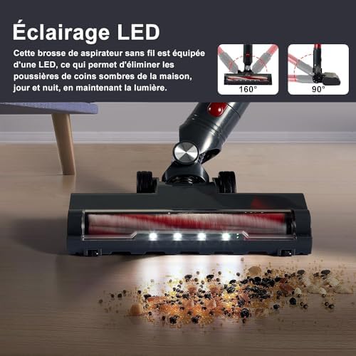 monmecd Aspirateur Balai sans Fil 4-en-1, 16Kpa, 150W, 50 Min Autonomie, LED