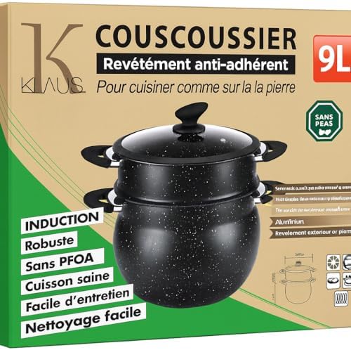 Couscoussier Induction 9L avec Revêtement Effet Pierre et Couvercle en Verre Trempé