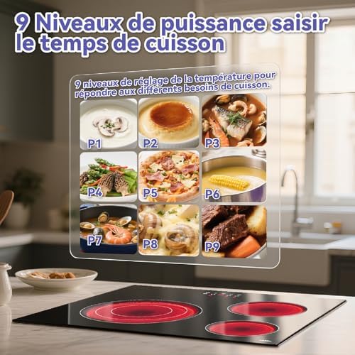 Plaque Vitrocéramique 3 Feux Induction, Triple Anneau, Noir, 59cm