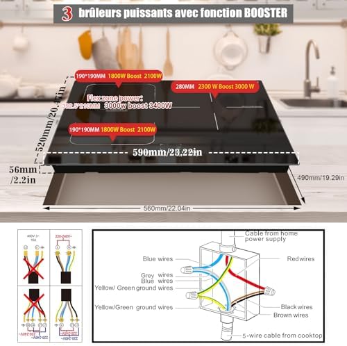 Plaque Induction 3 Feux avec Zone Flexible, 6800W, Commande Tactile