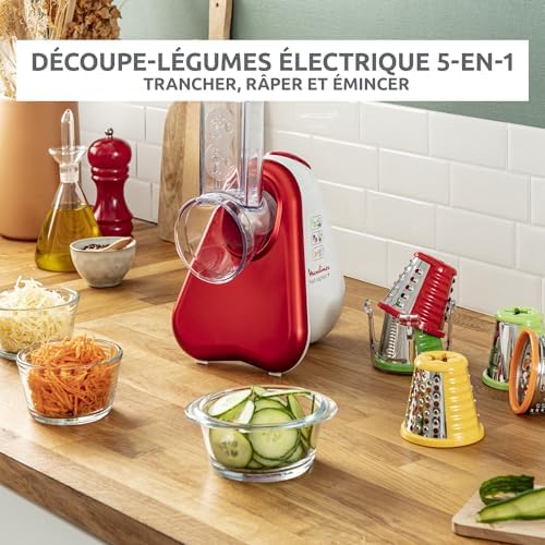 Moulinex Râpe Légumes Électrique 5-en-1 DJ755G10, Rouge et Blanc, Fabriqué en France