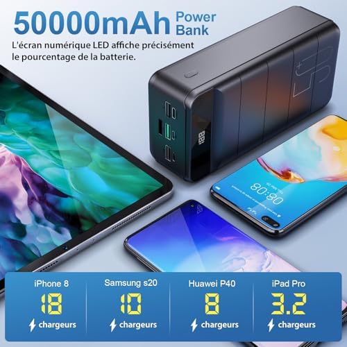 Batterie Externe 50000mAh avec Charge Rapide, Écran LED et Lampe de Poche
