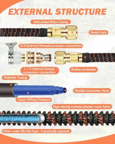 Tuyau Arrosage Extensible 150FT/45M avec 10 Modes, Noir et Orange