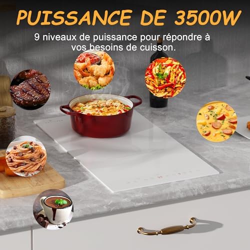 Plaque Induction 2 Feux avec Prise, 30CM, Blanc, Contrôle Tactile