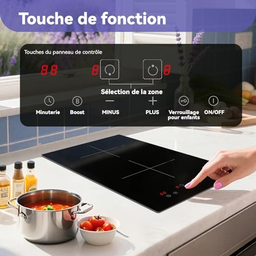 Plaque Induction 2 Feux Encastrable, 2990W, Noir, Commande Tactile