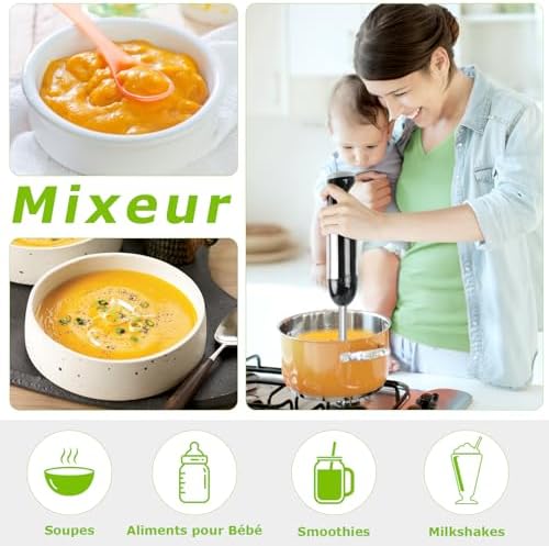 Bonsenkitchen Mixeur Plongeant Multifonction HB3203, 1000W, 20 Vitesses, Noir