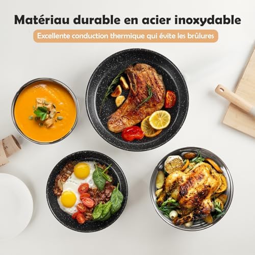 Batterie de Cuisine Induction 7 Pièces, Poêles Antiadhésives et Casseroles Inox, Noir