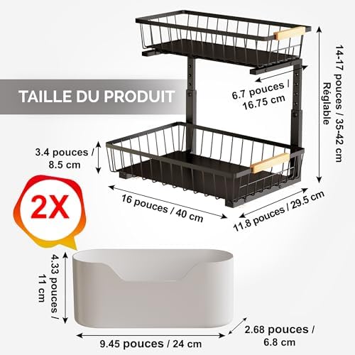 Organisateur sous évier coulissant en métal, ajustable, noir