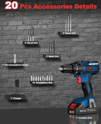 DYJPOW Perceuse Visseuse Sans Fil 21V, 42Nm, Batterie 2.0Ah, 18+1 Réglages