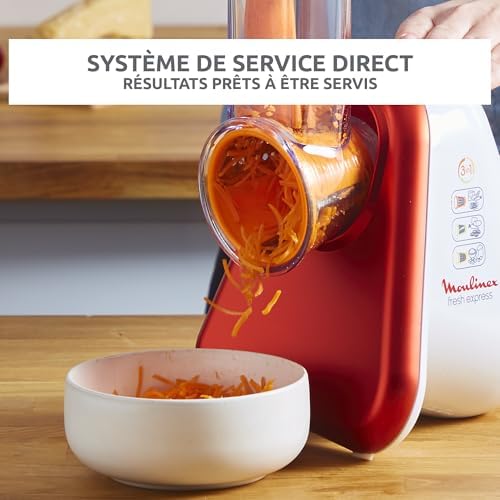 Moulinex Râpe Légumes Électrique DJ7535, 3-en-1, Rouge Rubis, 150W