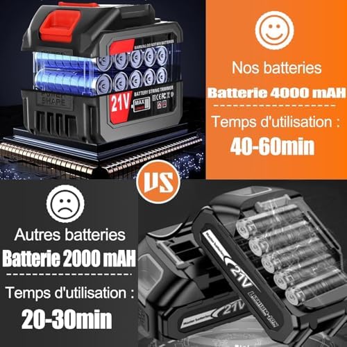Débroussailleuse Électrique Sans Fil 21V, Coupe Bordure avec Roues et Lames Multiples