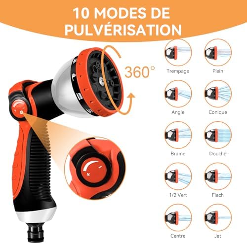 Tuyau Arrosage Extensible 30m/100Ft, 10 Modèles de Pulvérisation, Noir Orange