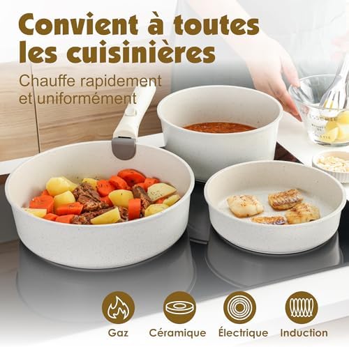 Set de Batterie de Cuisine Antiadhésif 17 Pièces, Blanc, Poignées Amovibles