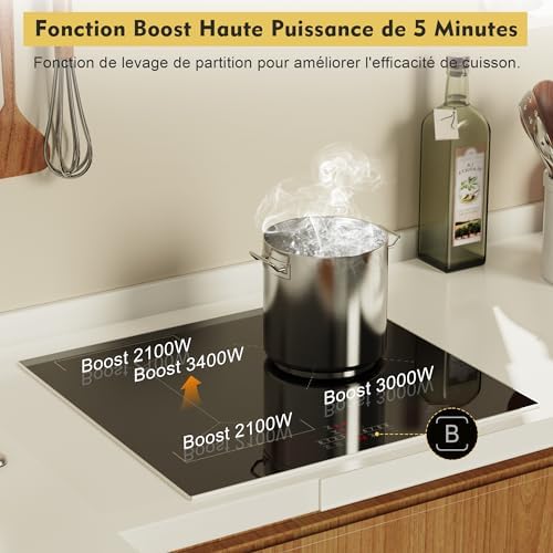 Plaque Induction 3 Feux Flexible 6800W, Verre Noir, Fonction Boost et Sécurité
