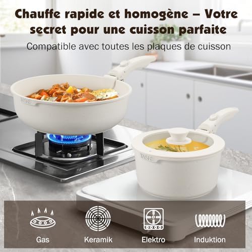 Ensemble Antiadhésif Batterie de Cuisine 21 Pièces, Blanc, Poignées Amovibles