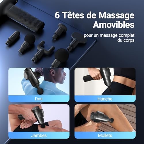 MERACH Pistolet de Massage Électrique, Modèle M019, 6 Têtes Réglables, 5 Vitesses