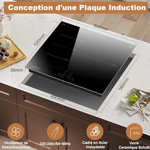 Plaque Induction 3 Feux avec Zone Barbecue Flexible, 6800W, 230V
