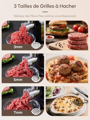FOHERE Hachoir à Viande Électrique Professionnel, 3 en 1, 2000W Max, Acier Inoxydable