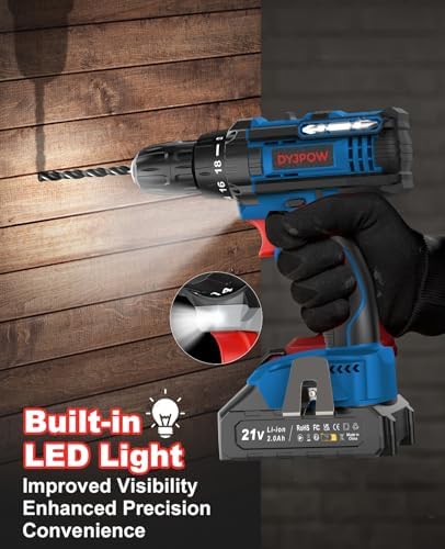 DYJPOW Perceuse Visseuse Sans Fil 21V, 42Nm, 2 Vitesses, LED, Bleu