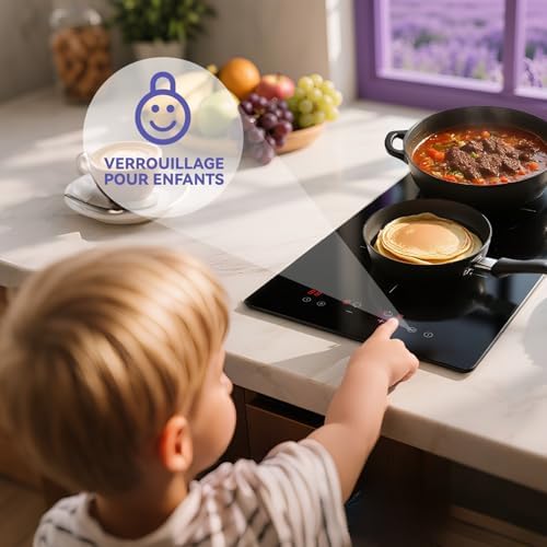 Plaque Induction 2 Feux Encastrable, 2990W, Noir, Commande Tactile