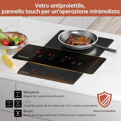 Plaque Induction 2 Feux Encastrable, 3600 W, Noir, 29x52 cm