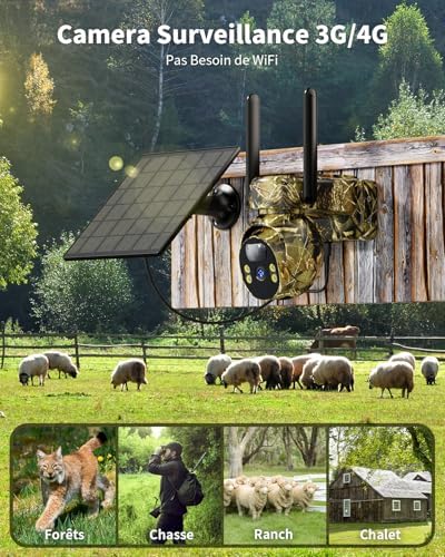 Caméra de Chasse Solaire 4G LTE, Vision Nocturne Colorée, Camouflage