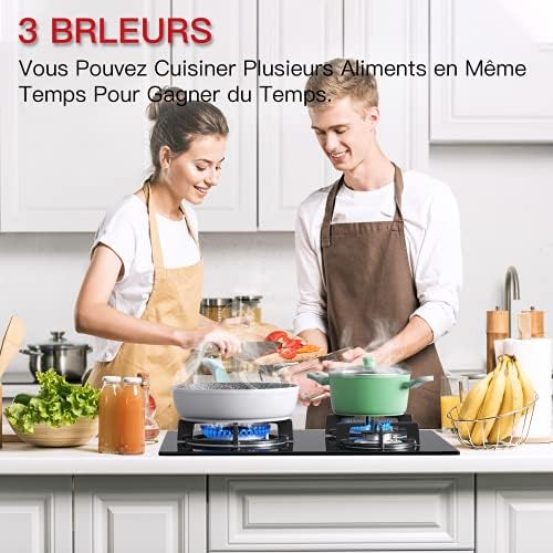 Plaque de Cuisson à Gaz 3 Feux, 60cm Encastrable, Verre Trempé