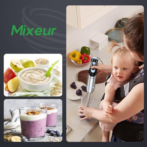 Fresko Mixeur Plongeur 4-en-1 HB3302, 1000W, 12 Vitesses, Acier Inoxydable