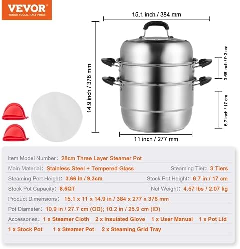VEVOR Cuiseur Vapeur à Induction, Couscoussier 28 cm, Acier Inoxydable, 8L, Couvercle en Verre