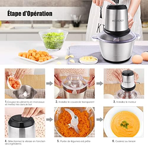 homeasy Hachoir Électrique 350W, Modèle HE-06-1, Bol Acier Inox 2L, 4 Lames Amovibles