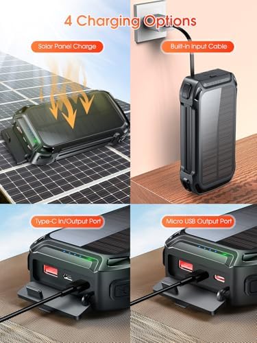 Batterie Externe Solaire 26800mAh avec Charge Rapide et Câbles Intégrés