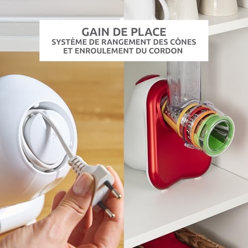 Moulinex Râpe Légumes Électrique 5-en-1 DJ755G10, Rouge et Blanc, Fabriqué en France