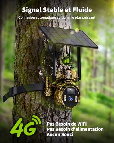 Caméra de Chasse Solaire 4G LTE, Vision Nocturne Colorée, Camouflage