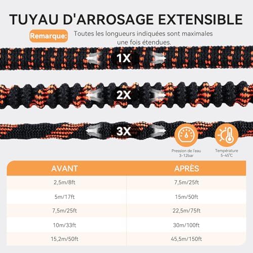 Tuyau Arrosage Extensible 30m/100Ft, 10 Modèles de Pulvérisation, Noir Orange