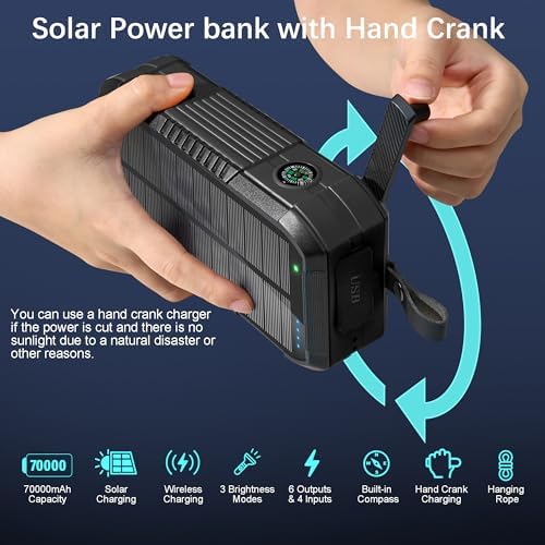 Chargeur Portable 70 000 mAh Batterie Externe Solaire avec Manivelle et 6 Sorties