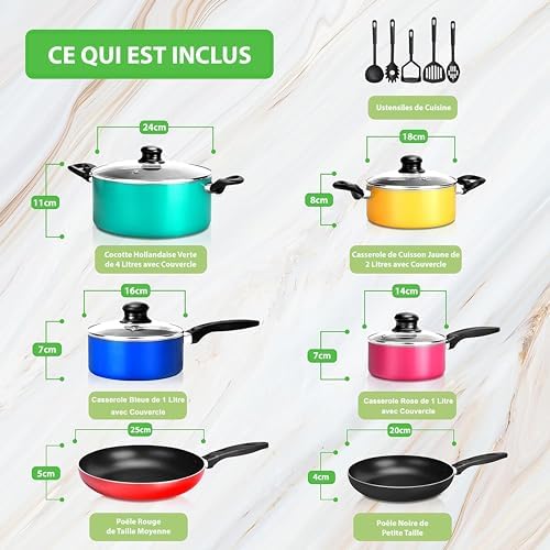 Batterie de Cuisine Antiadhésive 15 Pièces, Revêtement Résistant, Couleurs Variées