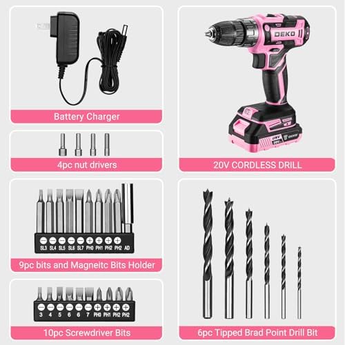DEKOPRO Perceuse sans Fil 20V, Rose, Compacte et Légère pour Femmes